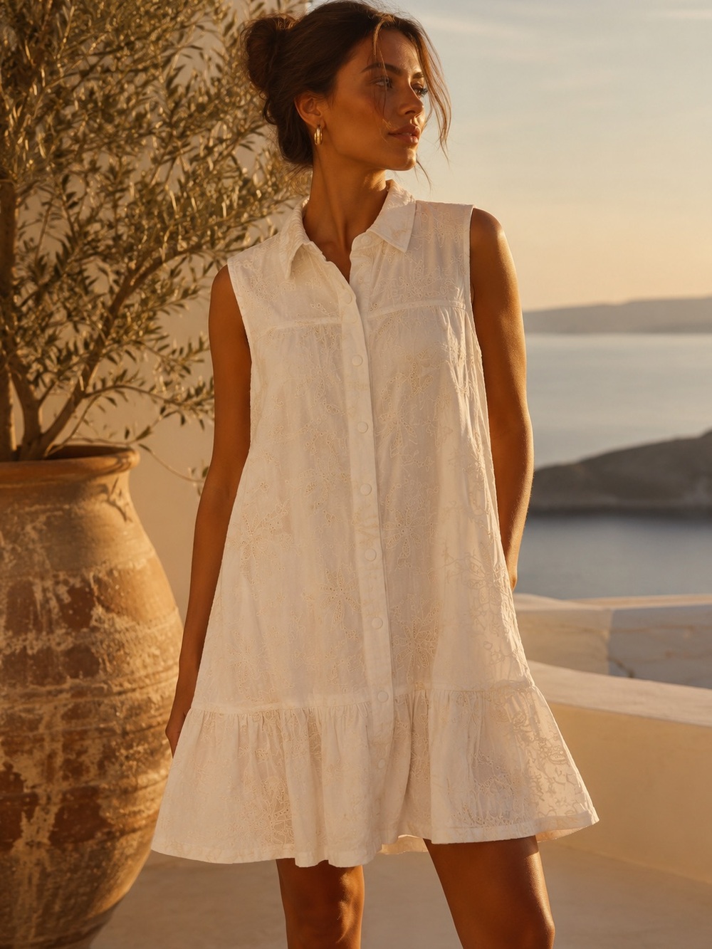 Solitaire Eyelet Embroidered Mini Dress  Large Sleeveless Ruffle Hem Boho Chic